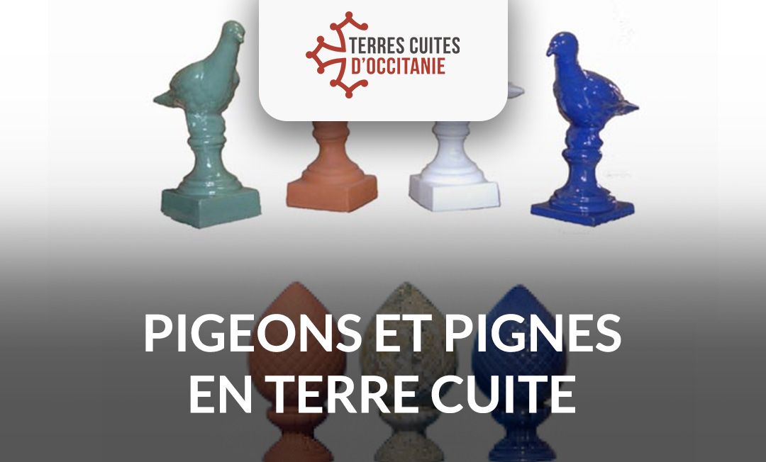 Pigeons et pignes en terre cuite